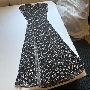 REFORMATION black viscose rayon floral short sleeve cutout midi maxi dress